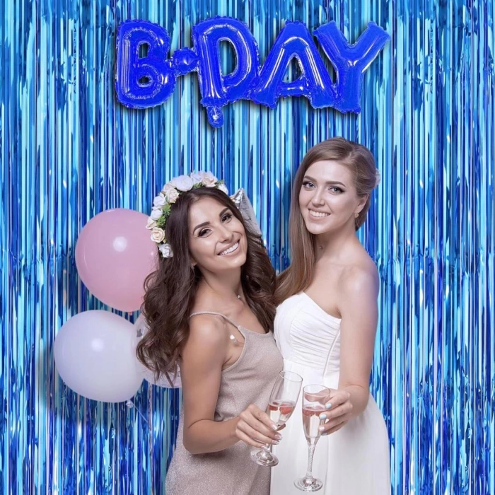 Çocuk Mavi Renk Ekstra Metalize Parlak Saçaklı Arka Fon Perde İthal A Kalite 1x2 Metre