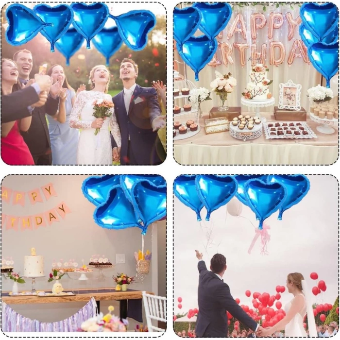 Çocuk Metalize Parlak Mavi Kalp Şekilli Uçan Balon Folyo 18 inç 45 cm 25 Adet