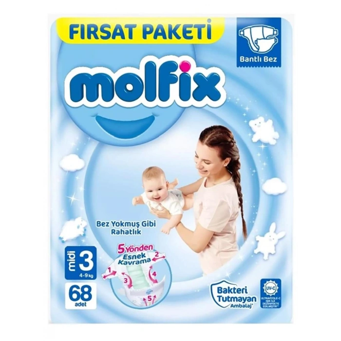 Çocuk Molfix Bebek Bezi Fırsat Paketi 3 Beden 4-9 Kg 68 Adet