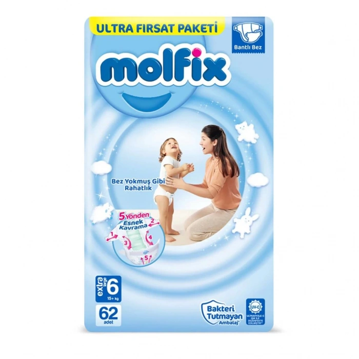 Çocuk Molfix Bebek Bezi Ultra Fırsat Paketi 6 Beden 15+ Kg 62 Adet
