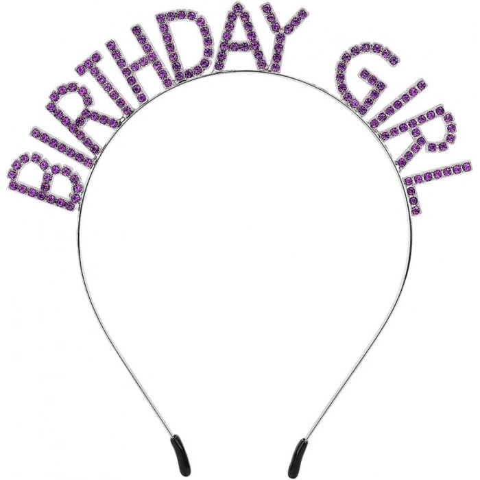 Çocuk Mor Renk Kristal Taşlı Parlak Birthday Girl Yazılı Taç 16x17 cm