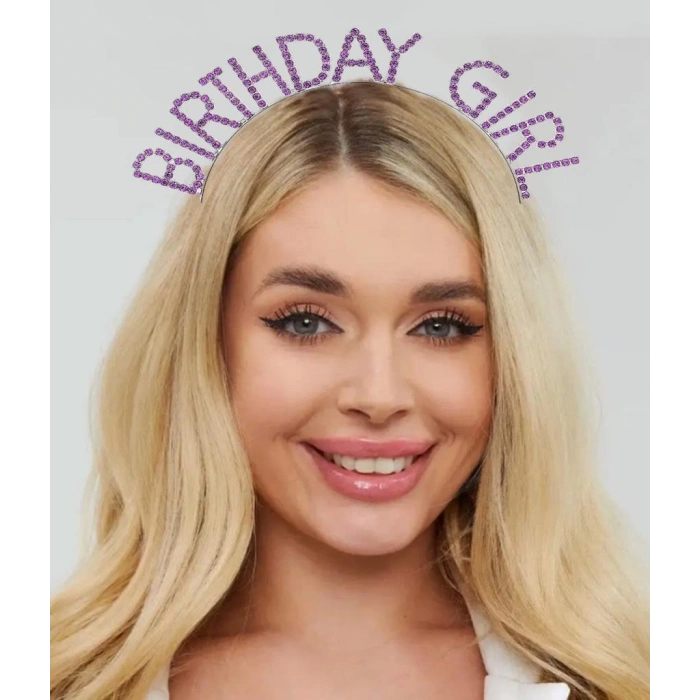 Çocuk Mor Renk Kristal Taşlı Parlak Birthday Girl Yazılı Taç 16x17 cm