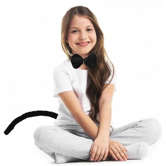 Çocuk Peluş Siyah Renk Kuyruk ve Papyon Yetişkin Çocuk Uyumlu