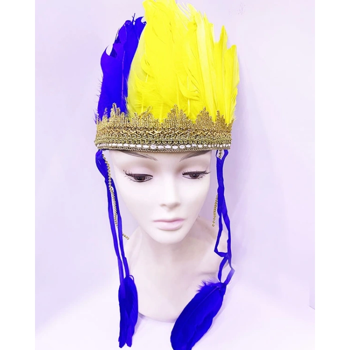 Çocuk Sarı Lacivert Renk Tüylü Kızılderili Başlığı | Fenerbahçe Taraftar Başlığı