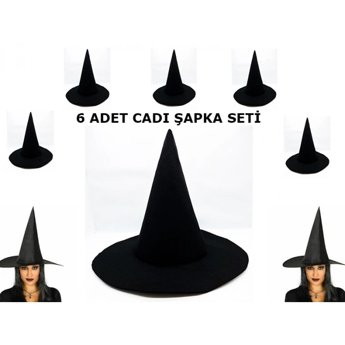 Çocuk Siyah Cadı Şapkası Keçe Yetişkin Boy 6 Adet