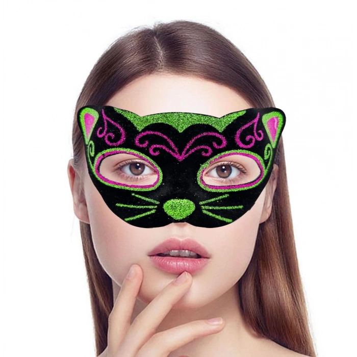 Çocuk Siyah Kadife Kaplama Üzeri Pembe Yeşil Sim İşlemeli Kedi Maskesi 20x13 cm