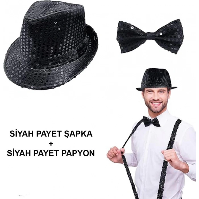Siyah Payetli Şapka ve Papyon Seti Parıltılı Yetişkin Kostüm Seti