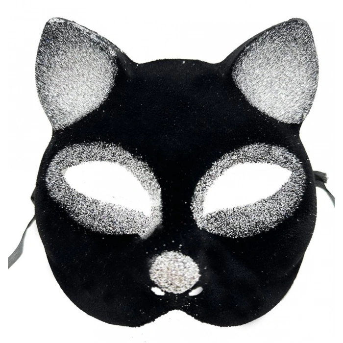 Çocuk Siyah Renk Gümüş Simli Süet Kaplama Kedi Maskesi 18x14 cm