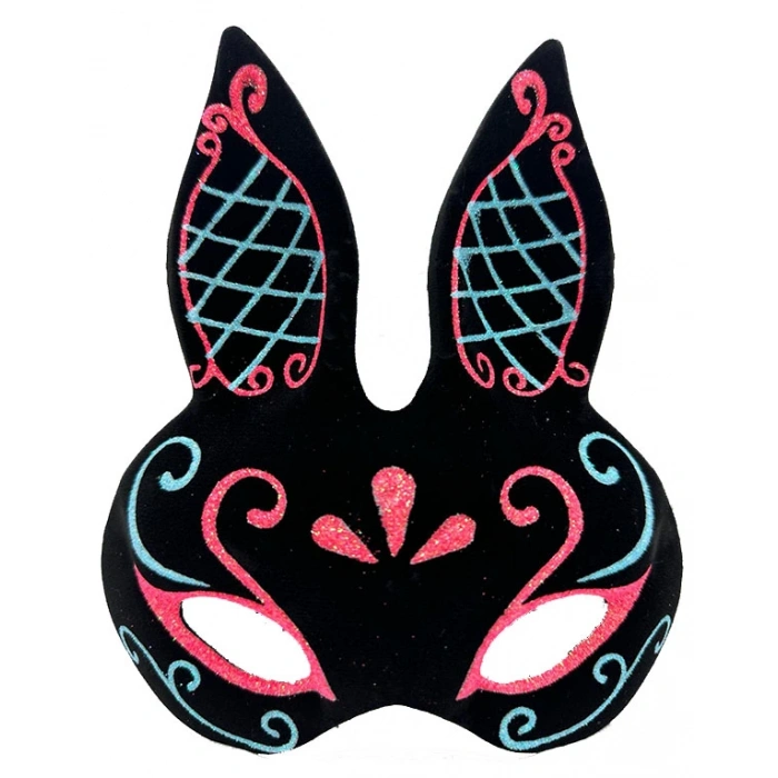 Çocuk Siyah Renk Mavi Kırmızı Simli Siyah Süet Kaplama Tavşan Maskesi 18x16 cm