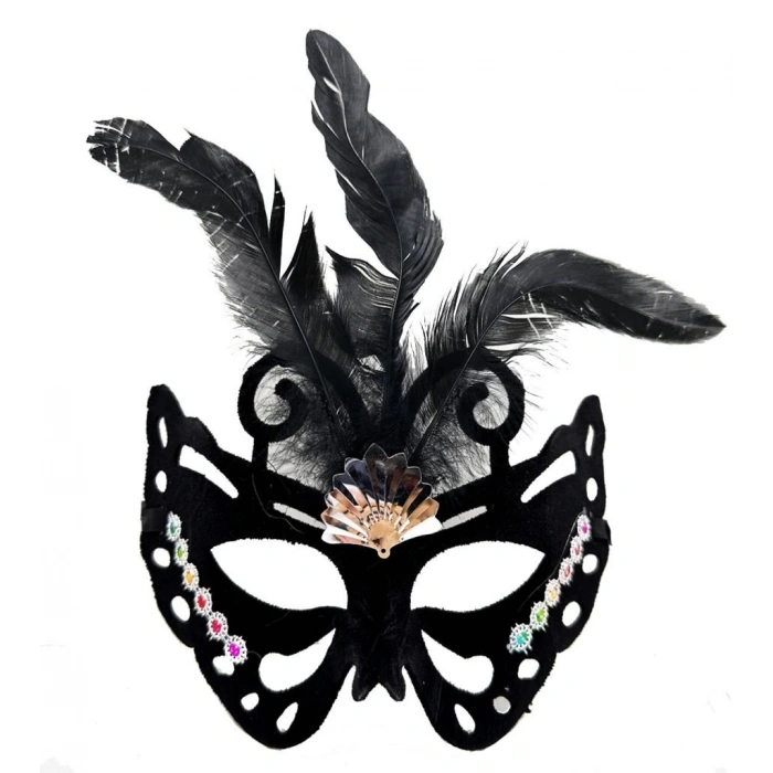 Çocuk Siyah Renk Siyah Süet Kaplama Tüylü Kelebek Figür Parti Maskesi 24x18 cm