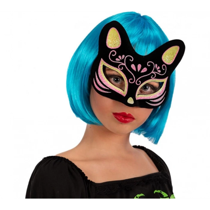 Çocuk Siyah Renk Süet Kaplama Üzeri Sarı Pembe Simli Kedi Maskesi 17x14 cm