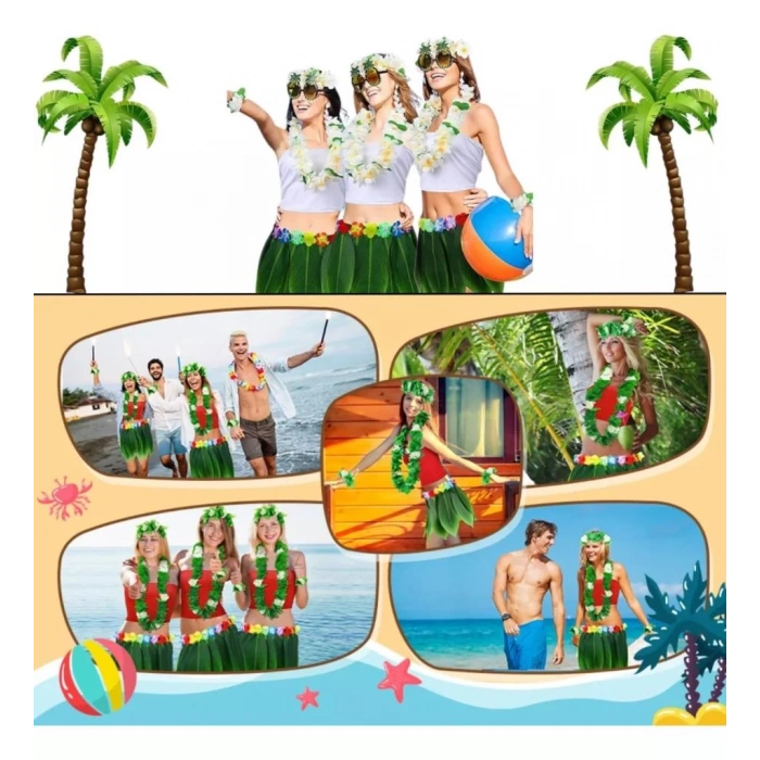Tropikal Esintili Hawaii Yapraklı Parti Eteği Yetişkin Boy Renkli ve Şık Tasarım