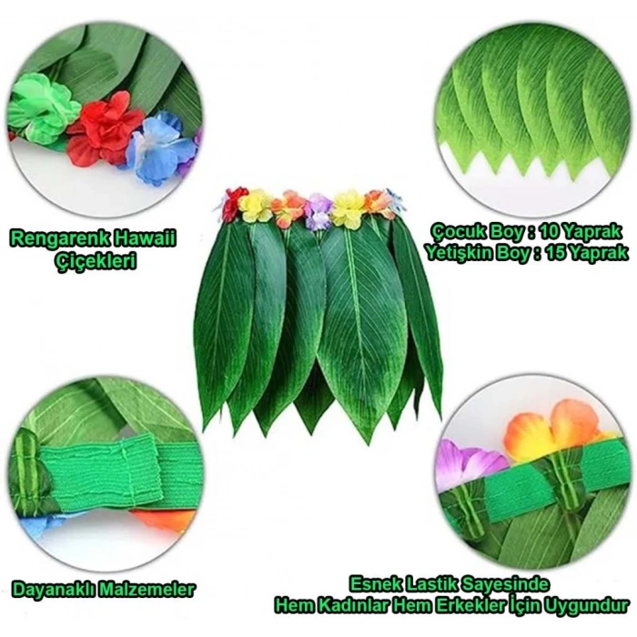 Tropikal Esintili Hawaii Yapraklı Parti Eteği Yetişkin Boy Renkli ve Şık Tasarım