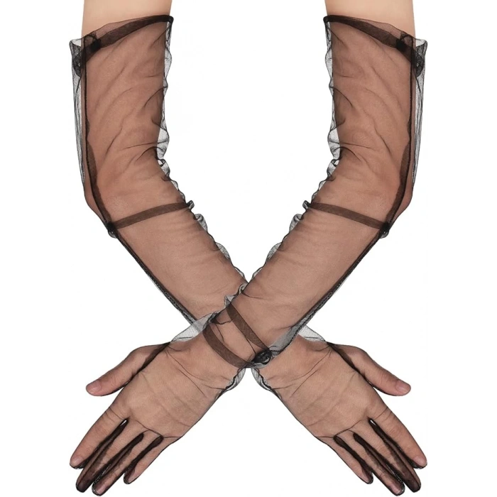 Çocuk Uzun Boy Likralı Siyah Renk Yetişkin Mega Tül Eldiven 53 cm