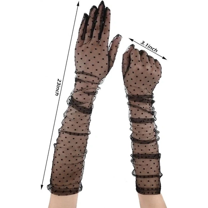 Çocuk Uzun Boy Siyah Puantiyeli Siyah Renk Yetişkin Tül Eldiven 55 cm