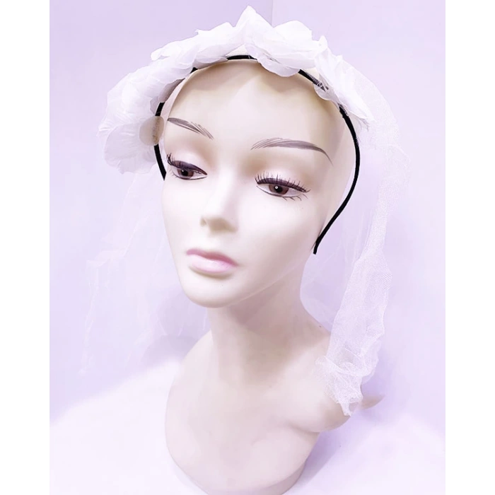 Çocuk Uzun Duvaklı Üstü Beyaz Çiçekli Parti Tacı