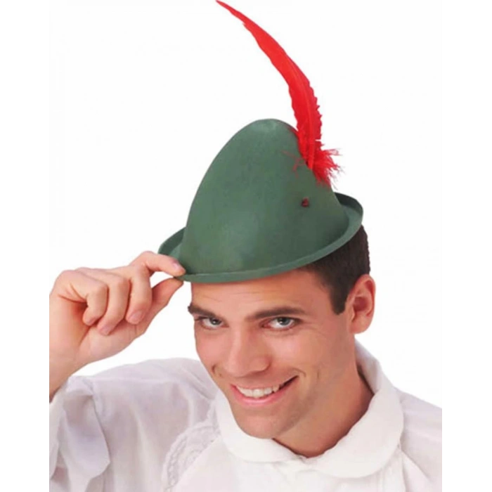 Yeşil Renk Kırmızı Tüylü Peter Pan Şapkası Robin Hood Şapkası 24X23 cm