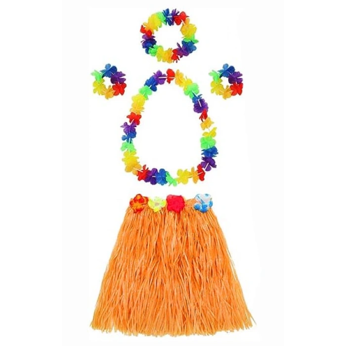  Yetişkin ve Çocuk Uyumlu Luau Aloha Hawaii Turuncu Etek ve Renkli Kolye Taç 2 Adet Bileklik Seti