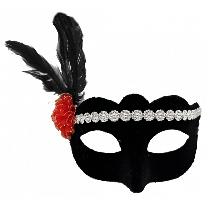 Çocuk Siyah Renk Süet Kaplama Gümüş Dantelli Kırmızı Gül Tasarımlı Parti Maskesi 18x20 cm