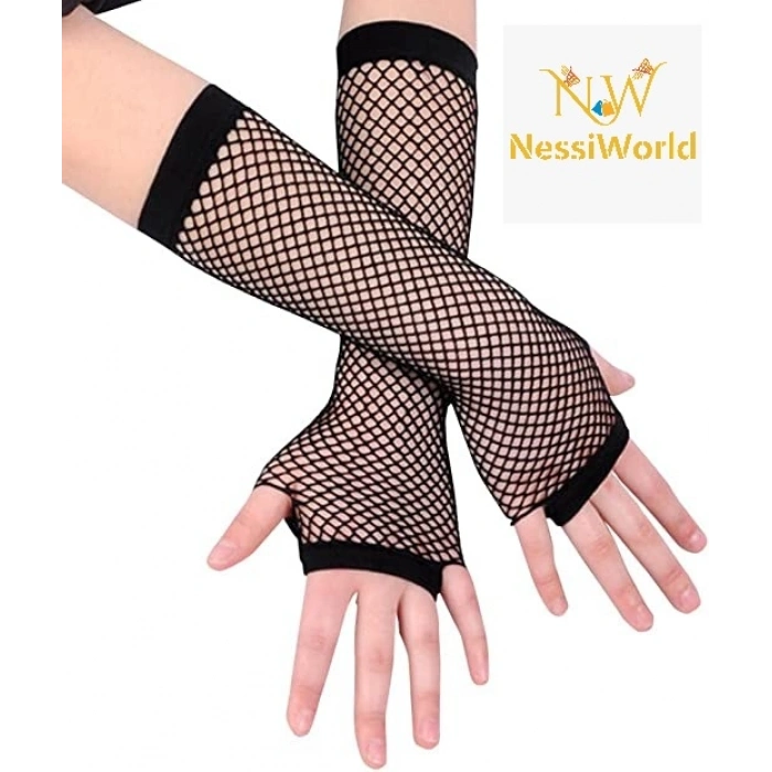 Siyah Renk Uzun File Eldiven - Örgü Eldiven Siyah Renk