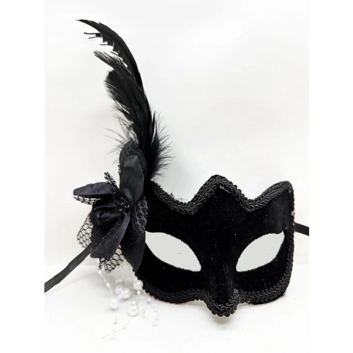 Çocuk Siyah Renk Yandan Tüylü Beyaz İncili Süet Kaplama A Kalite Lüks Parti Maskesi 20x23 cm