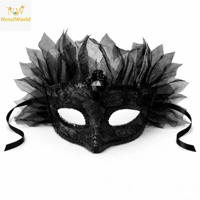 Siyah Taşlı Venedik Maskesi Lüks Tüllü Parti Maskesi