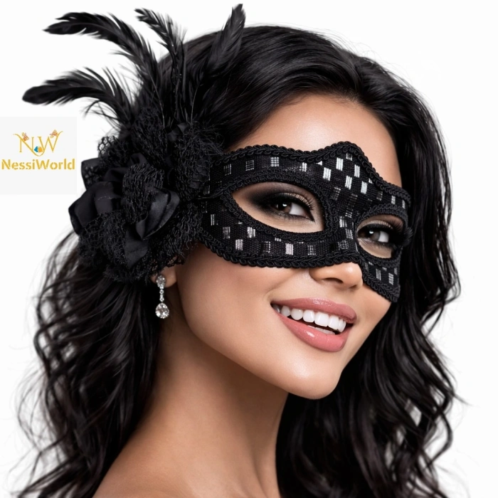Siyah Tüylü Balo Maskesi Kadın Parti Aksesuarı