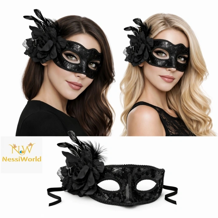 Siyah Venedik Parti Maskesi – Çiçekli Tüylü Payetli