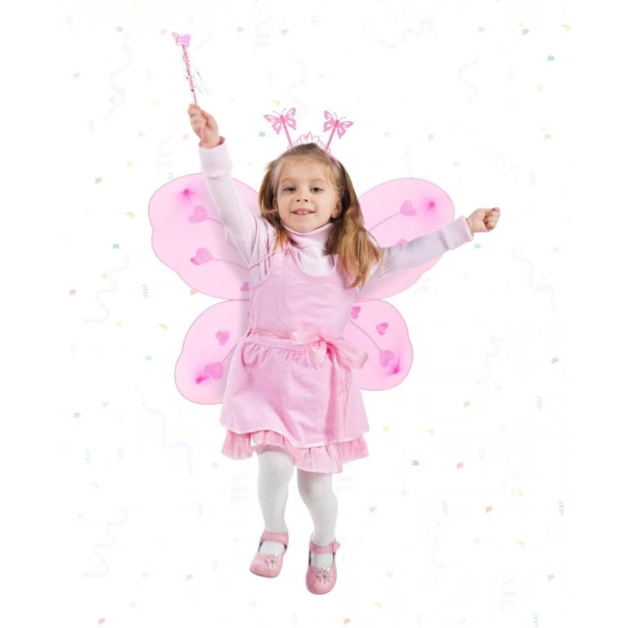 Toz Pembe Kelebek Kanadı Tacı ve Sopası Çocuklar İçin Parti Aksesuarı 50x37 cm