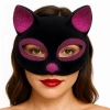 Çocuk Siyah Renk Fuşya Simli Süet Kaplama Kedi Maskesi 18x14 cm