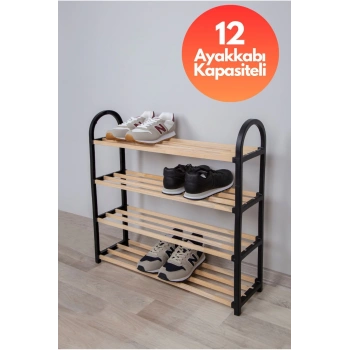 Ahşap Çubuklu 4 Bölmeli Siyah Ayakkabılık Masif Ahşap Ayakkabılık Raf Ünitesi