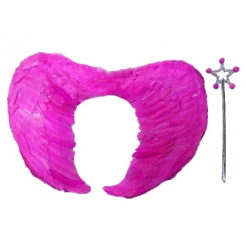 Çocuk Gerçek Tüylü Katlanabilir Çocuk Pembe Melek Kanadı ve Asa Seti 40x55 cm