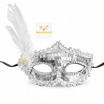 Gümüş Tüylü Payetli Lüks Taşlı Parti Maskesi