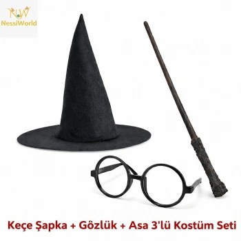Harry Potter Tarzı Çocuk Seti (Siyah Keçe Şapka, Asa, Gözlük)