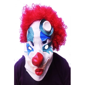Çocuk Kırmızı Renk Afro Bonus Peruklu Palyaço Lateks Et Maske
