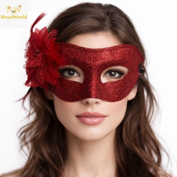Kırmızı Simli Tüylü Balo Maskesi – Kadın Parti & Maskeli Balo Maskesi