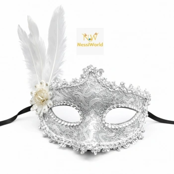 Lüks Beyaz Tüylü Venedik Maskesi – Taşlı Dantel Tasarım
