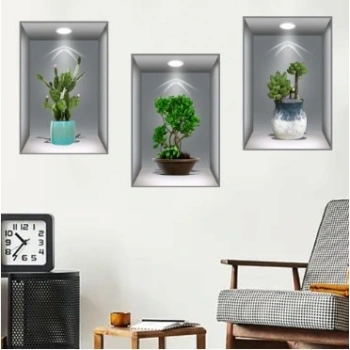 Eğitici Oyuncak 3D Çiçek Vazo Duvar Sticker 3 lü Set GRİ Fon