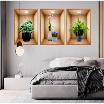 Eğitici Oyuncak 3D Çiçek Vazo Duvar Sticker 3 lü Set Kahverengi Fon