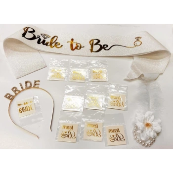 Çocuk Altın Renk Bride Partisi Taç Kuşak Dövme Bileklik Seti Full 13 Parça