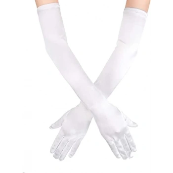 Çocuk Beyaz Renk Dirseğe Kadar Uzun Kumaş Eldiven 40 cm