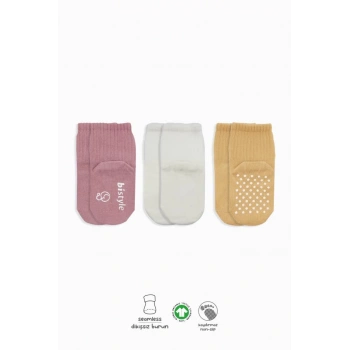 Çocuk Bistyle Basic Kaymaz Penye Soket Çorap 3Lü BS10106 Pudra Ekru Somon