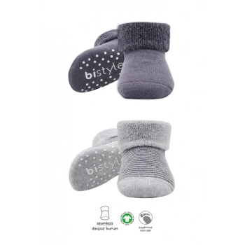  Bistyle Çemberli Kaymaz Havlu Soket Çorap 2Li BS10503 Gri-Antrasit