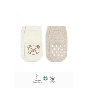Hayvan Figürlü Kaymaz Soket Çorap 2’li Bej Ekru, Rahat ve Esnek Kullanım İçin