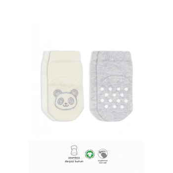 Hayvan Figürlü Kaymaz Soket Çorap 2’li Gri Ekru, Sevimli ve Konforlu