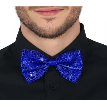 Gece Işıltısı Mavi Payetli Pullu Papyon 7x2 cm Şık ve Işıltılı Parti Detayı