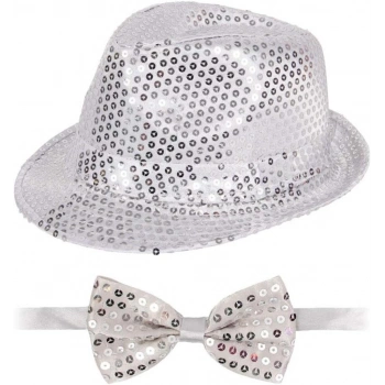 Gümüş Payetli Şapka ve Papyon Seti Parıltılı Yetişkin Kostüm Seti