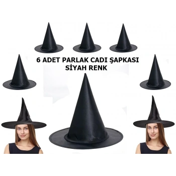 Eğitici Çocuk Halloween Siyah Renk Parlak Dralon Cadı Şapkası Yetişkin ve Çocuk Uyumlu 6 Adet