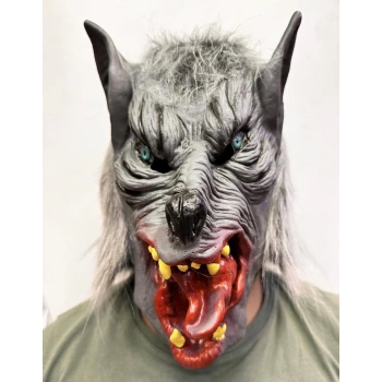 Çocuk Kafaya Tam Geçmeli Lateks Dil Çıkaran Mavi Gözlü Kurt Maskesi