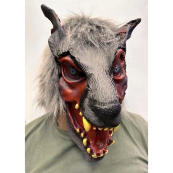 Çocuk Kafaya Tam Geçmeli Lateks Dişli Ağzı Açık Kurt Maskesi